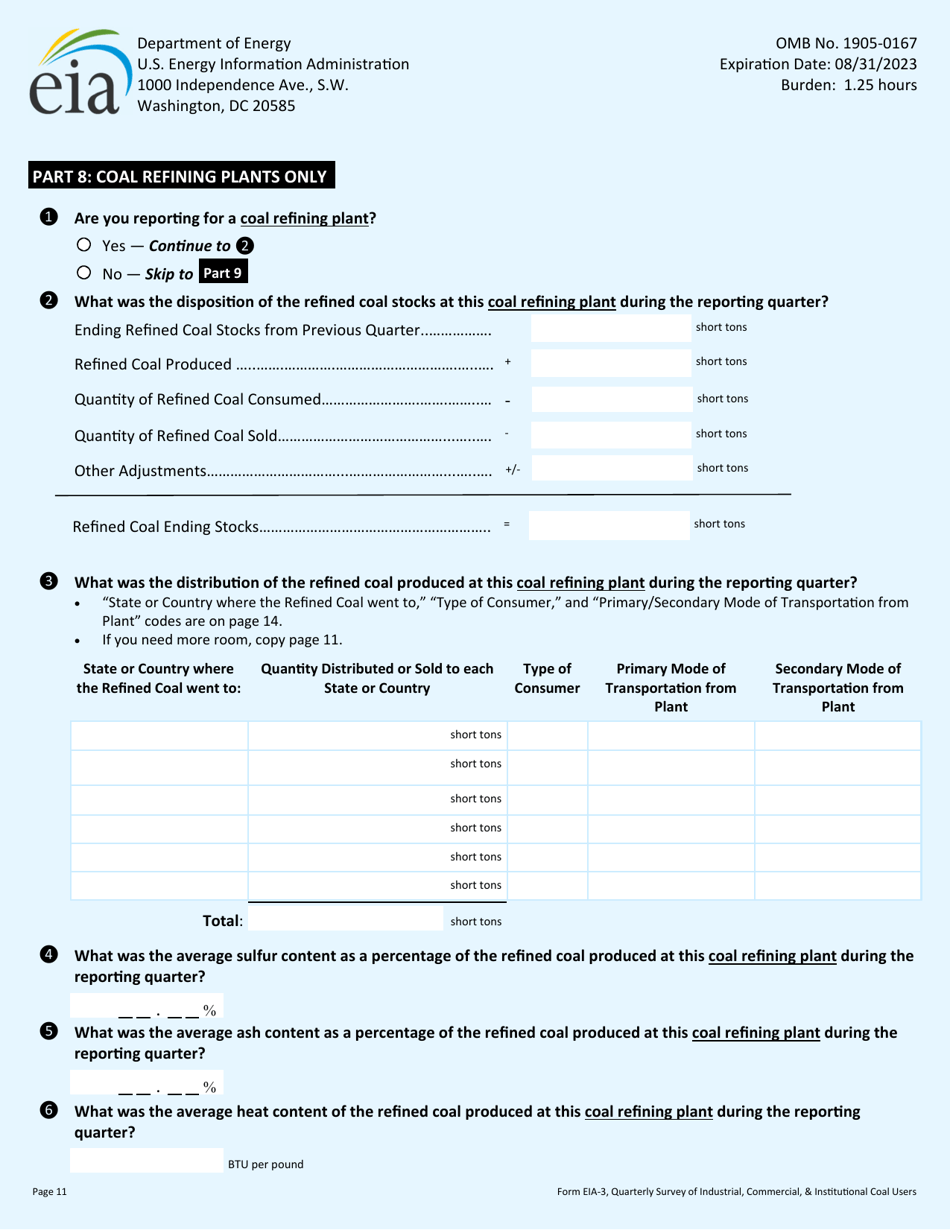 Form EIA-3 Quarterly Survey of Industrial, Commercial  Institutional Coal Users, Page 11
