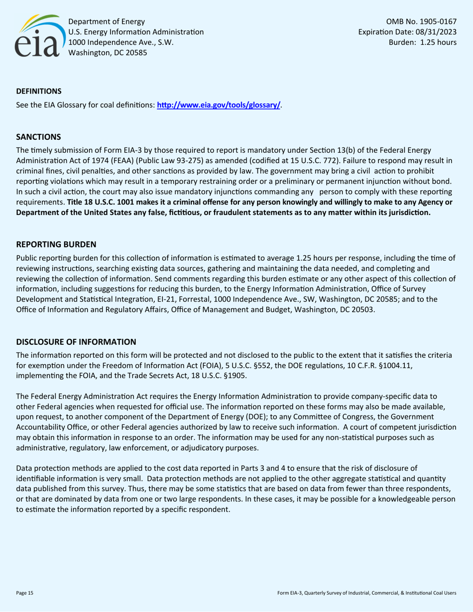 Form EIA-3 Quarterly Survey of Industrial, Commercial  Institutional Coal Users, Page 15