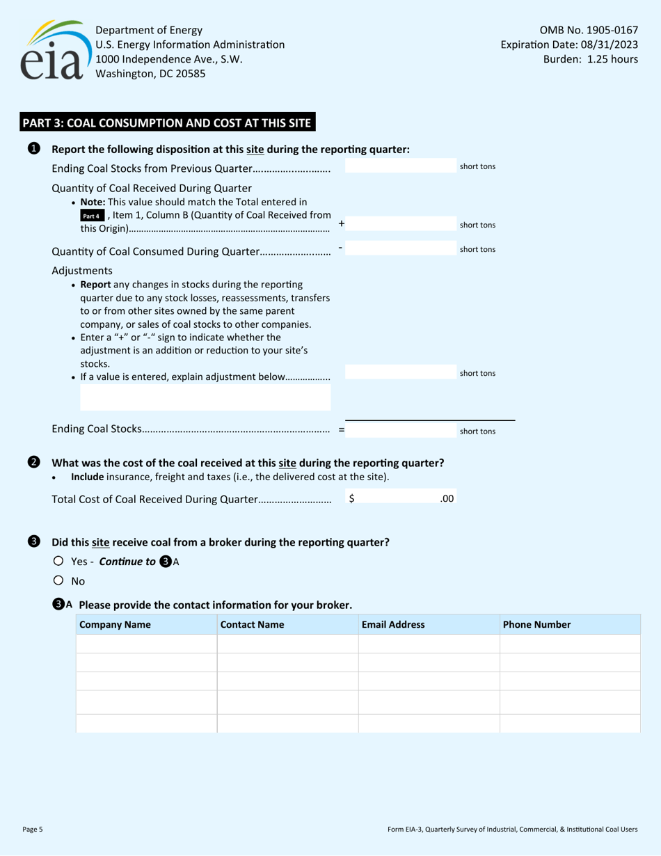 Form EIA-3 Quarterly Survey of Industrial, Commercial  Institutional Coal Users, Page 5
