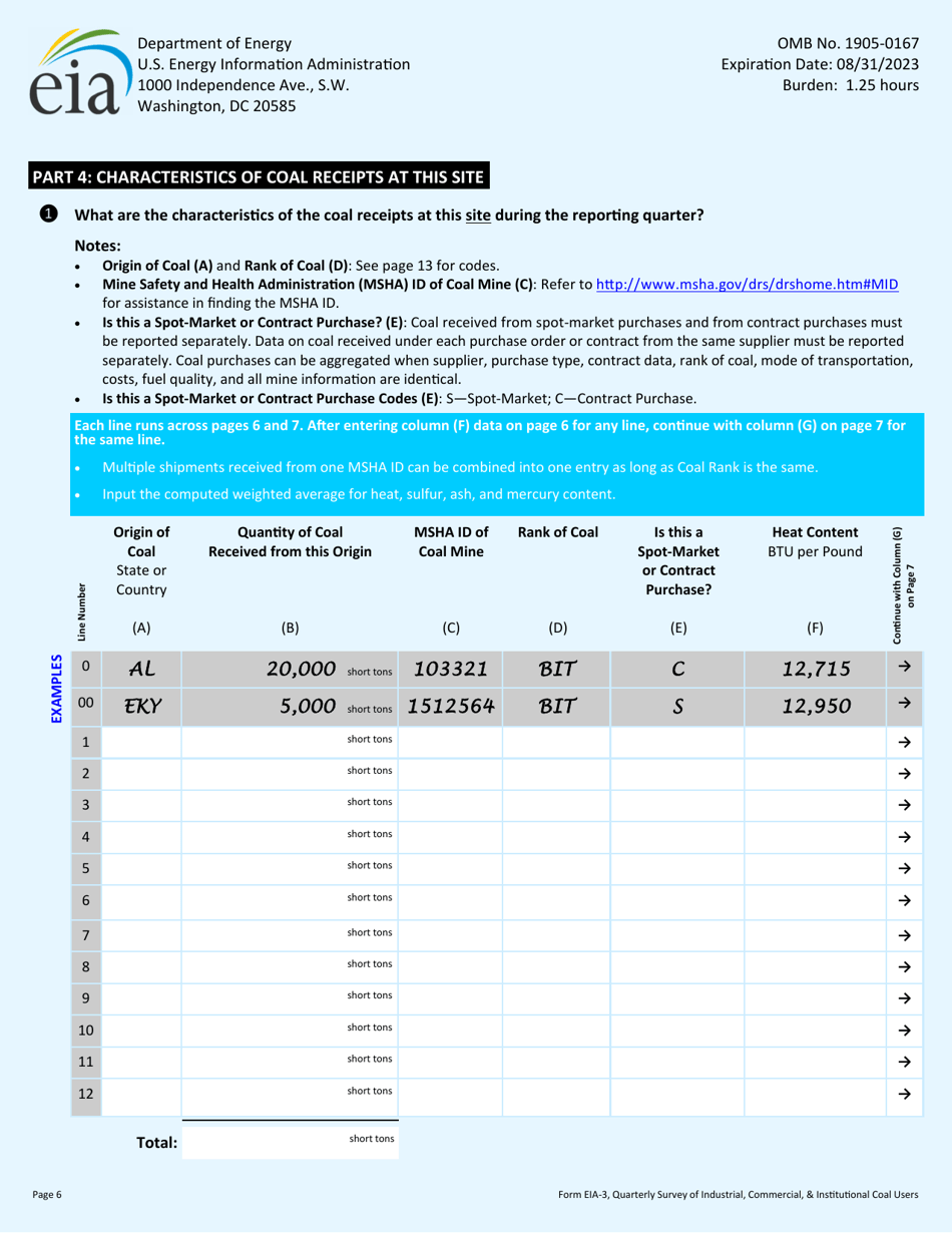 Form EIA-3 Quarterly Survey of Industrial, Commercial  Institutional Coal Users, Page 6
