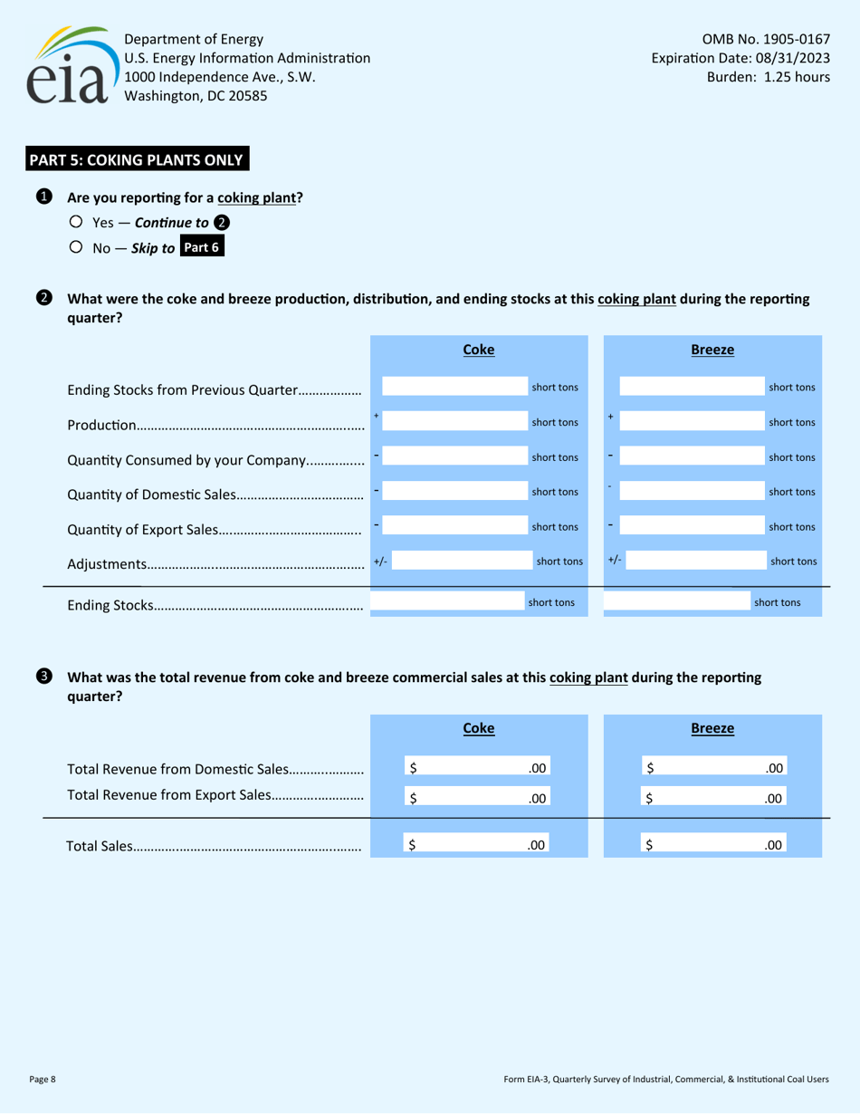 Form EIA-3 Quarterly Survey of Industrial, Commercial  Institutional Coal Users, Page 8