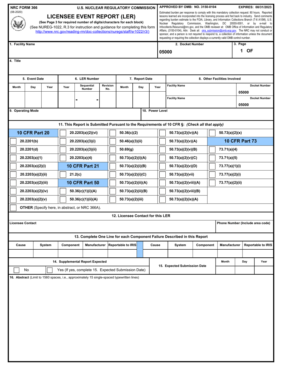NRC Form 366 Licensee Event Report (Ler), Page 1