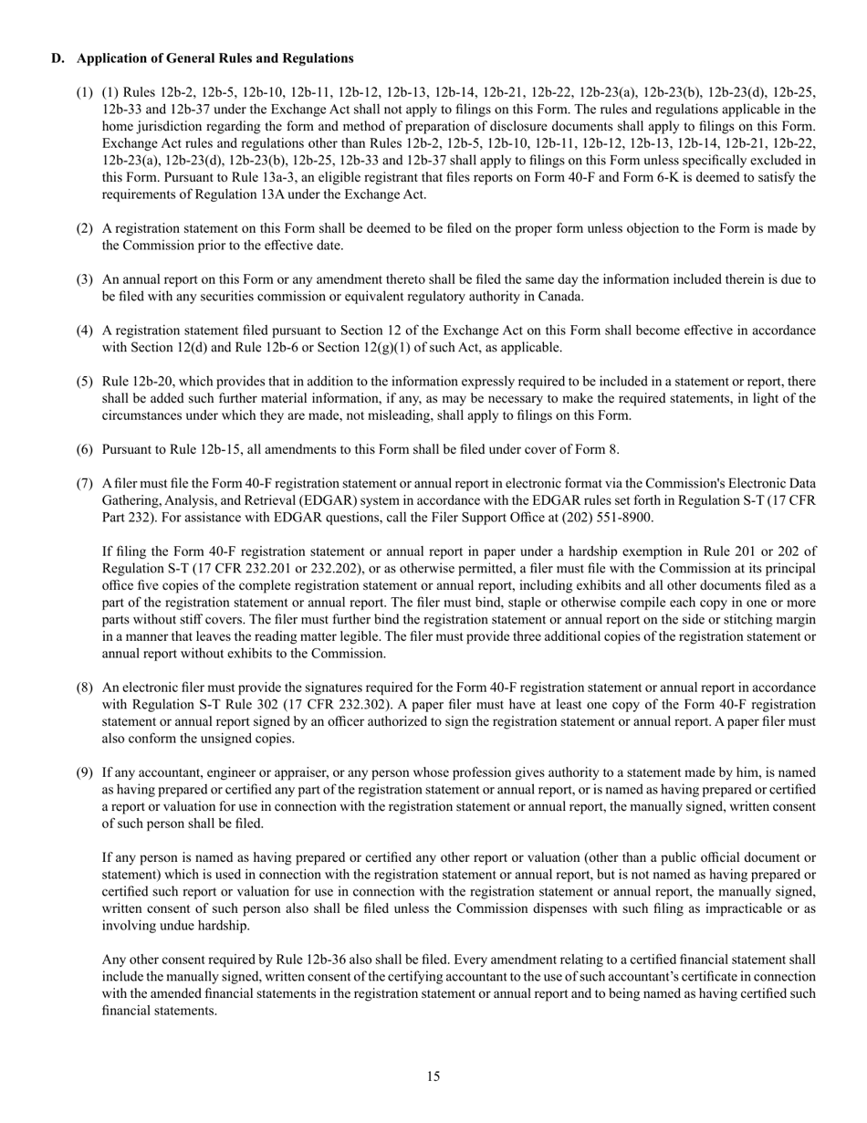 Form 40-F (SEC Form 2285) Registration Statement Pursuant to Section 12 or Annual Report Pursuant to Section 13(A) or 15(D), Page 15