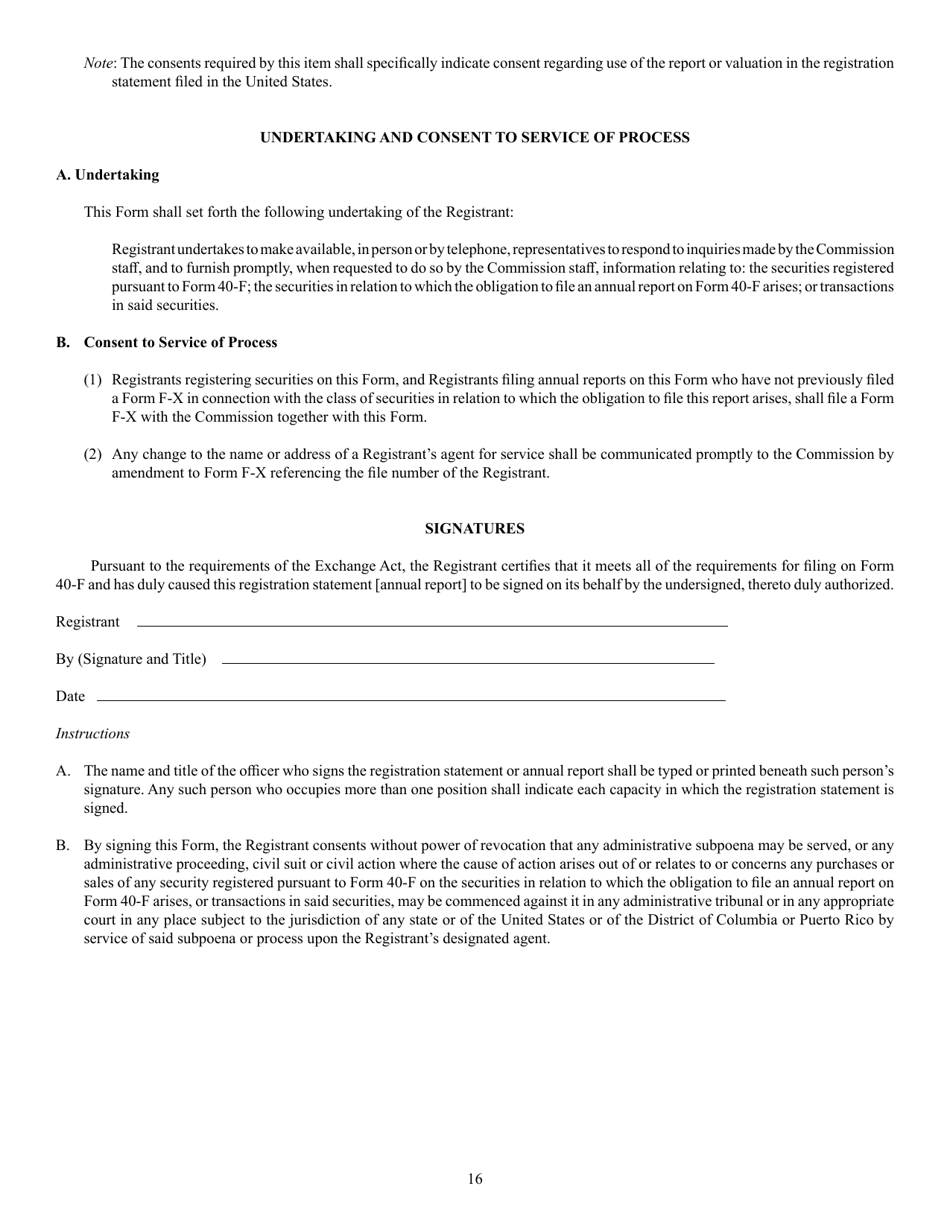 Form 40-F (SEC Form 2285) Registration Statement Pursuant to Section 12 or Annual Report Pursuant to Section 13(A) or 15(D), Page 16