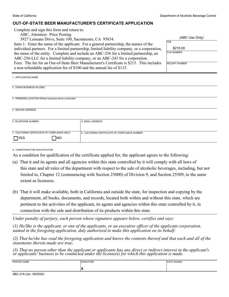 Form ABC-216 Out-of-State Beer Manufacturers Certificate Application - California, Page 1