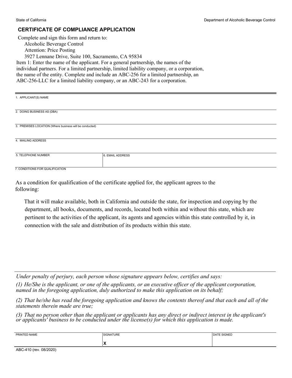 Form ABC-410 Certificate of Compliance Application - California, Page 1