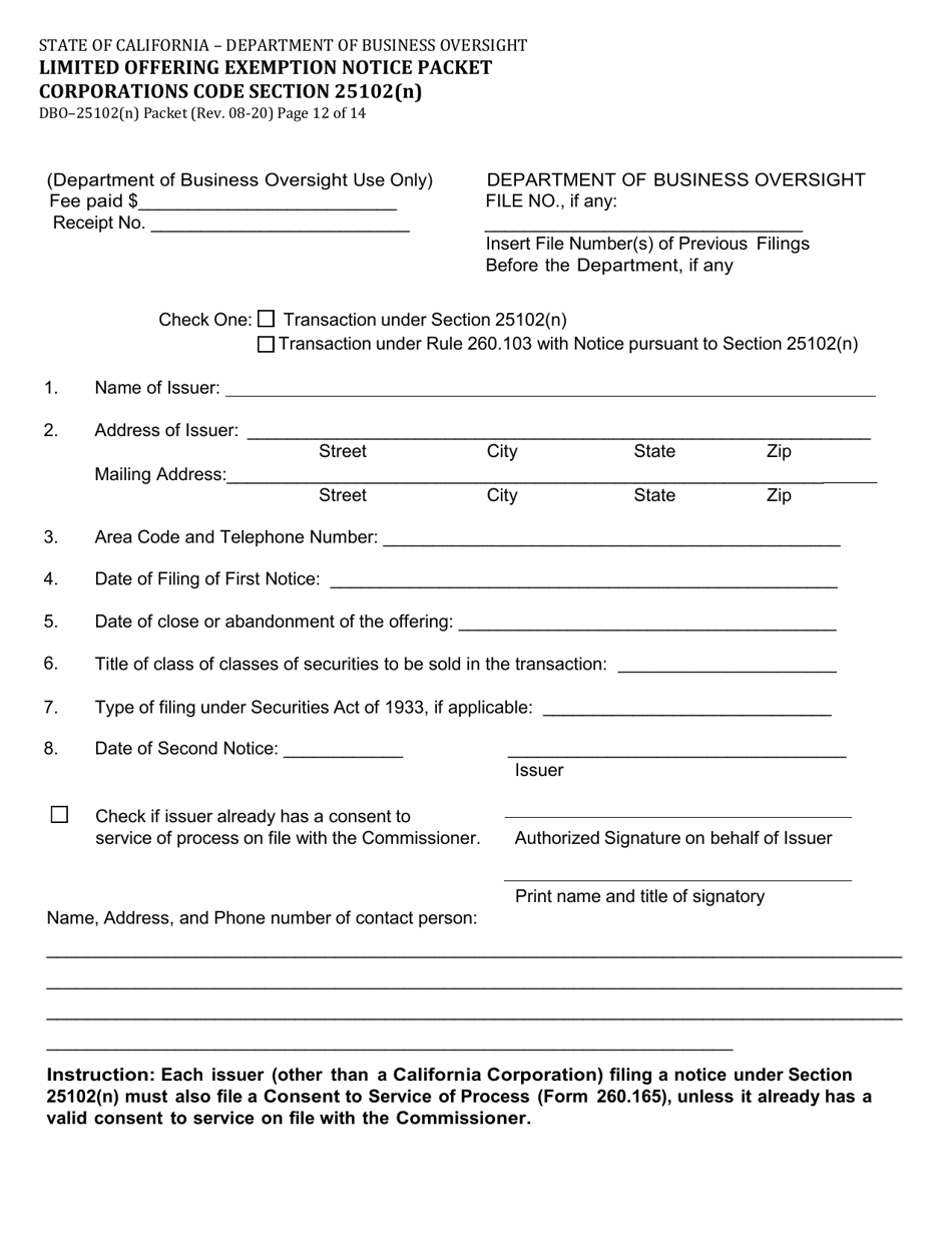 Form DBO-25102(N) Limited Offering Exemption Notice Packet Corporations Code Section 25102(N) - California, Page 12