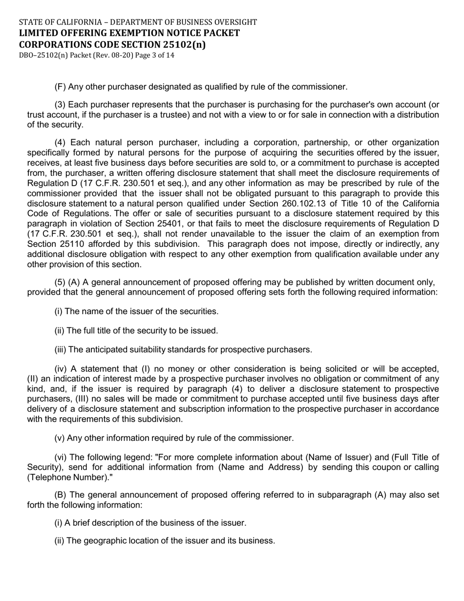 Form DBO-25102(N) Limited Offering Exemption Notice Packet Corporations Code Section 25102(N) - California, Page 3
