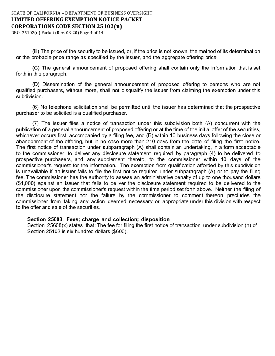 Form DBO-25102(N) Limited Offering Exemption Notice Packet Corporations Code Section 25102(N) - California, Page 4