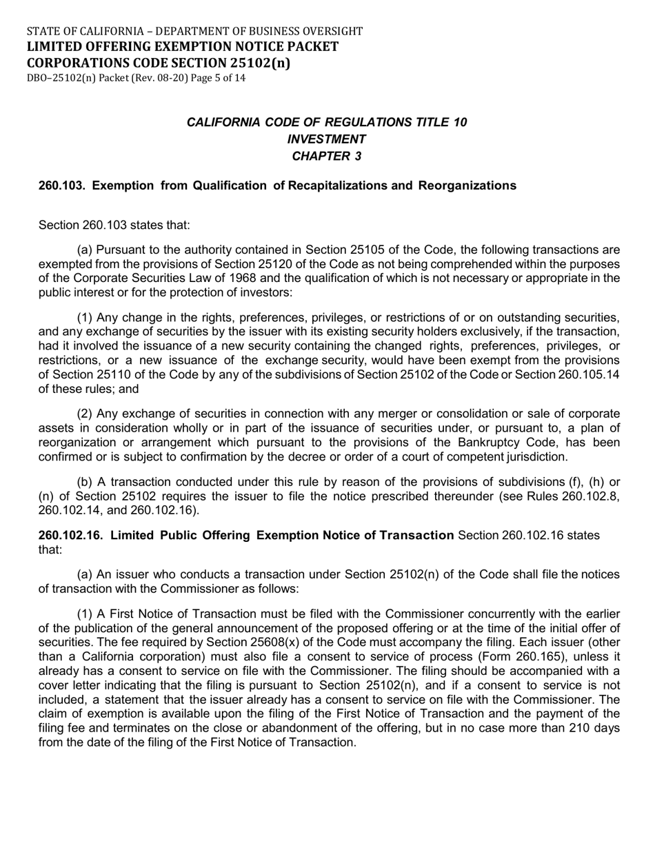 Form DBO-25102(N) Limited Offering Exemption Notice Packet Corporations Code Section 25102(N) - California, Page 5