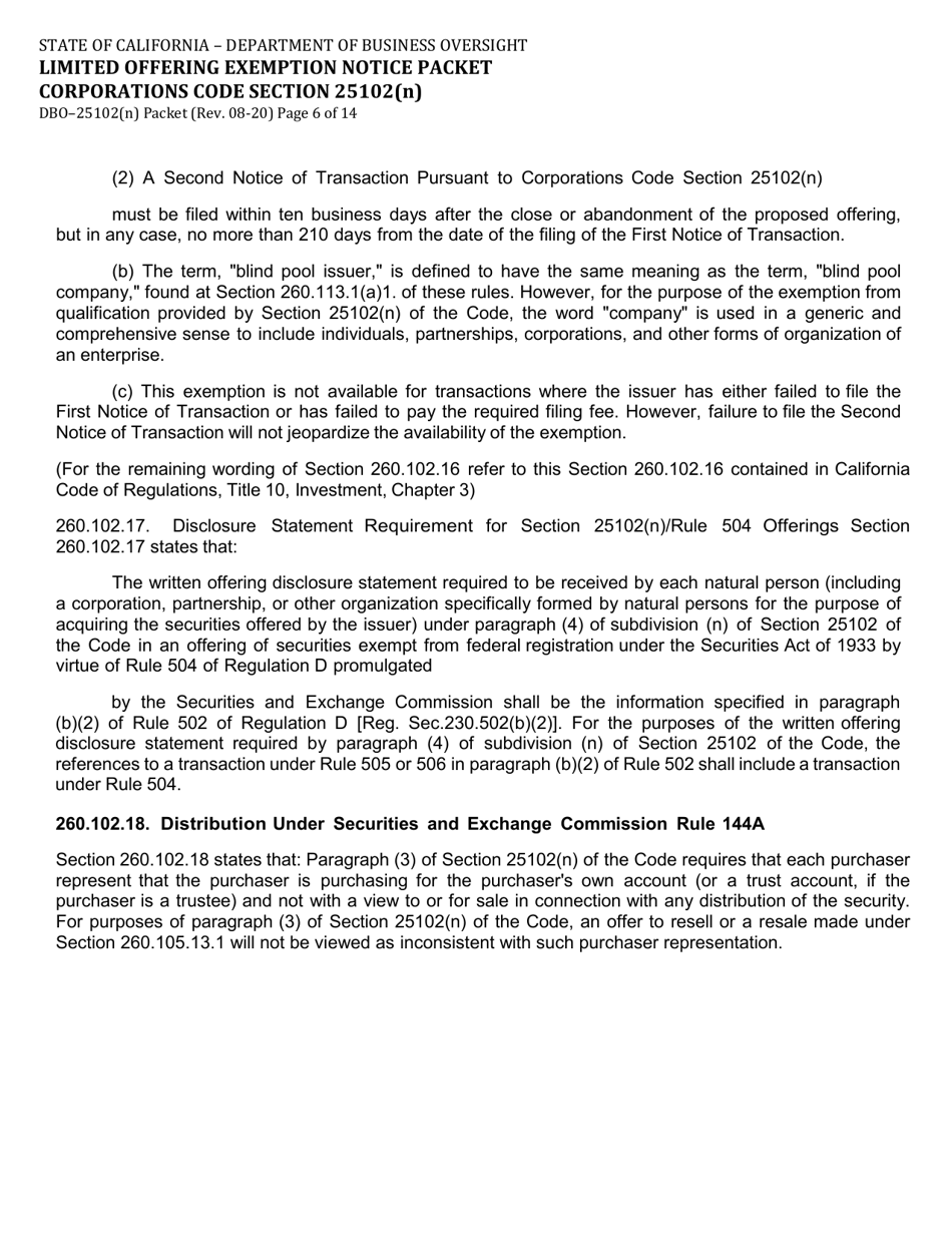Form DBO-25102(N) Limited Offering Exemption Notice Packet Corporations Code Section 25102(N) - California, Page 6