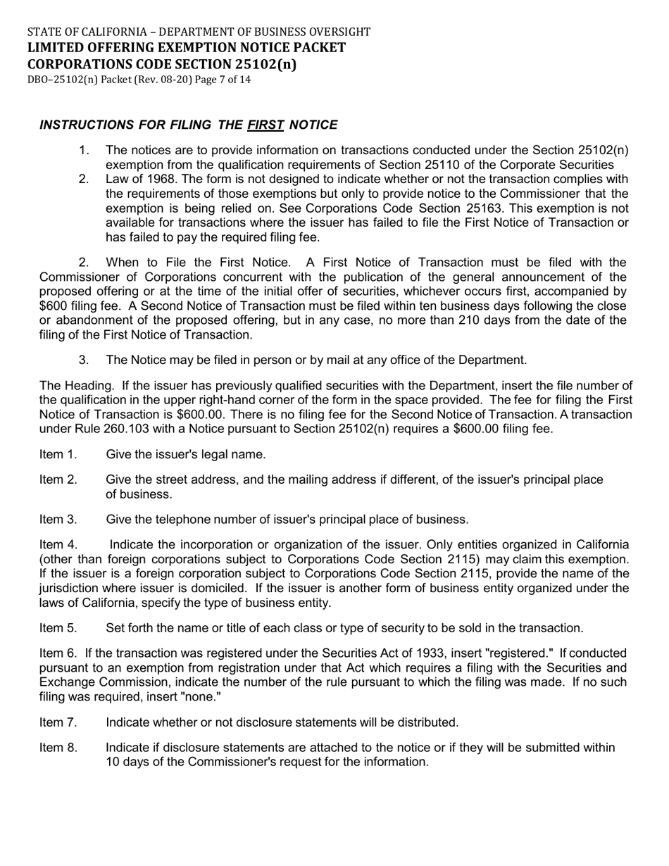 Form DBO-25102(N) Limited Offering Exemption Notice Packet Corporations Code Section 25102(N) - California, Page 7