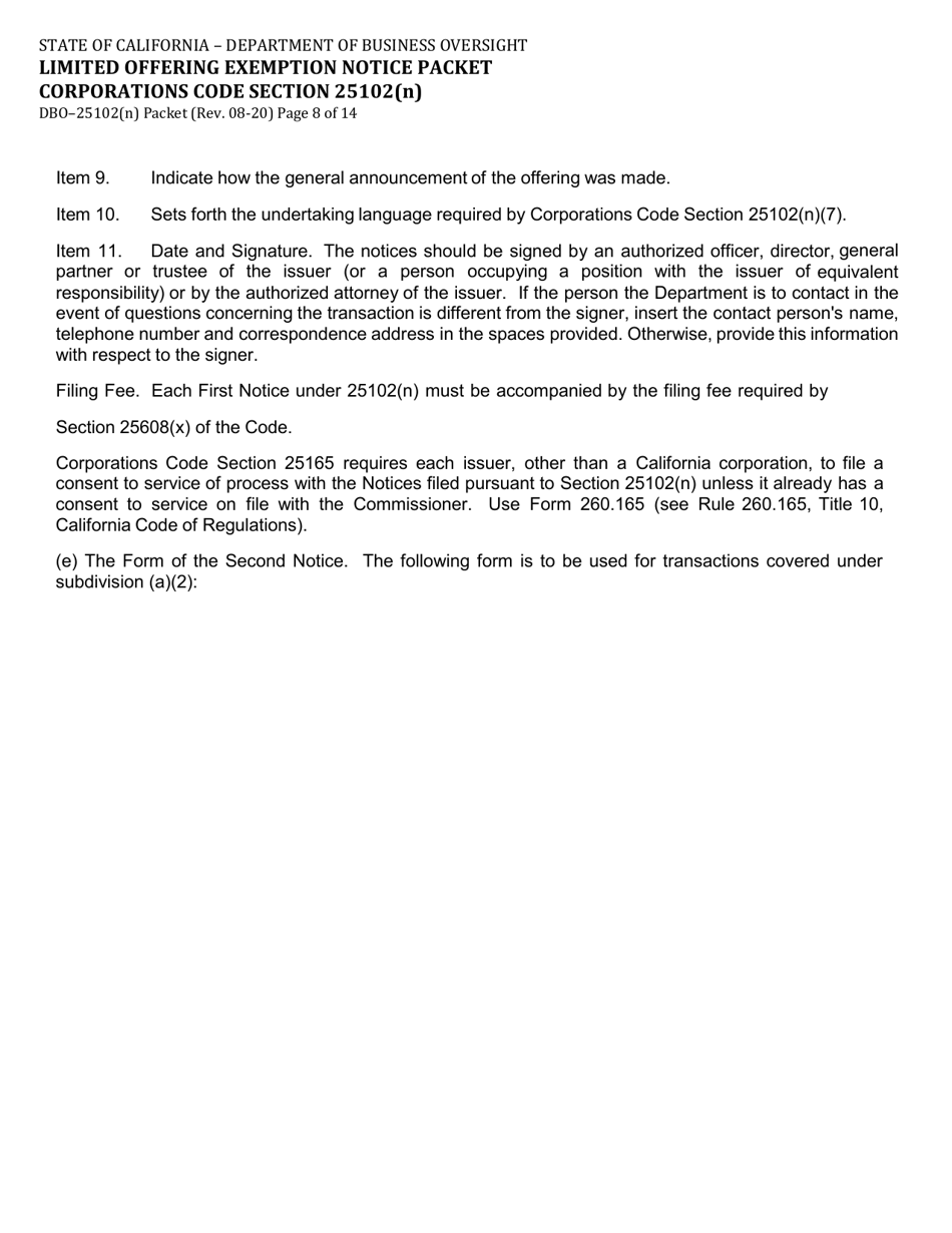 Form DBO-25102(N) Limited Offering Exemption Notice Packet Corporations Code Section 25102(N) - California, Page 8