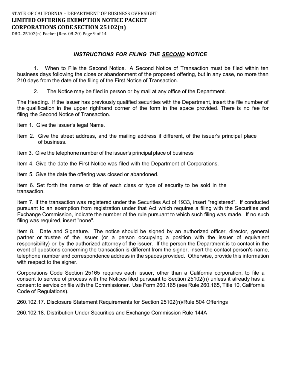 Form DBO-25102(N) Limited Offering Exemption Notice Packet Corporations Code Section 25102(N) - California, Page 9