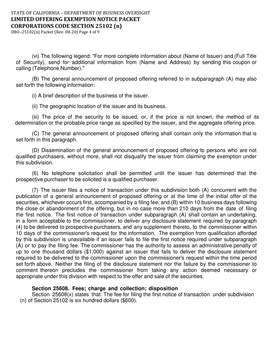 Instructions for Form DBO-25102(N) Limited Offering Exemption Notice Packet Corporations Code Section 25102(N) - California, Page 4
