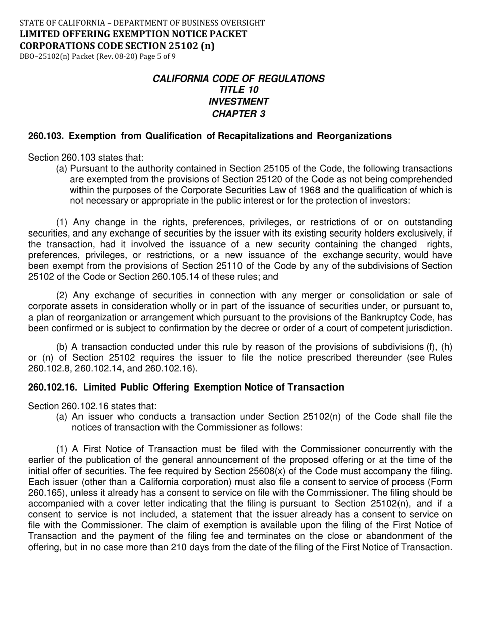 Instructions for Form DBO-25102(N) Limited Offering Exemption Notice Packet Corporations Code Section 25102(N) - California, Page 5
