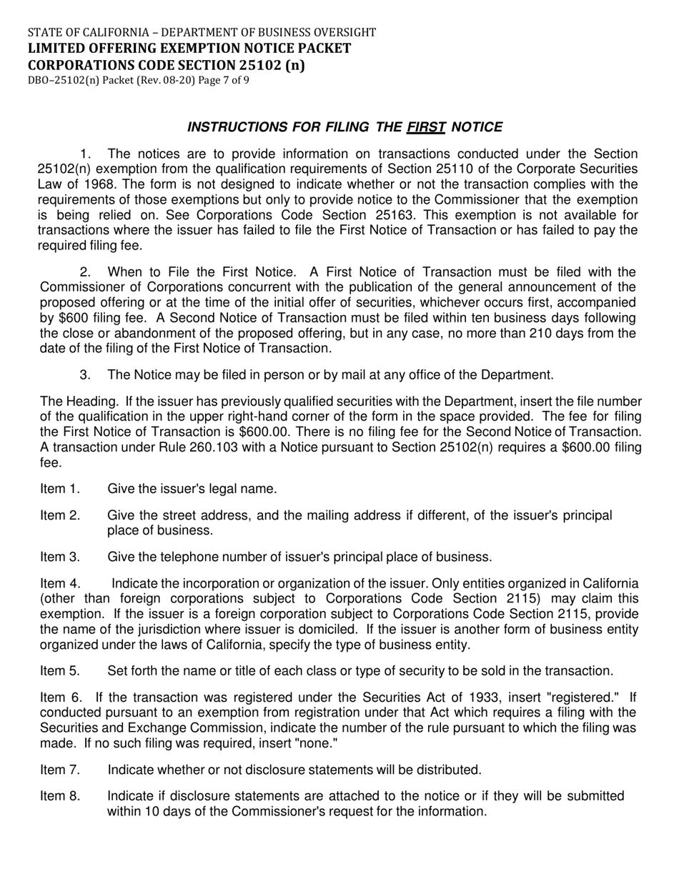 Instructions for Form DBO-25102(N) Limited Offering Exemption Notice Packet Corporations Code Section 25102(N) - California, Page 7