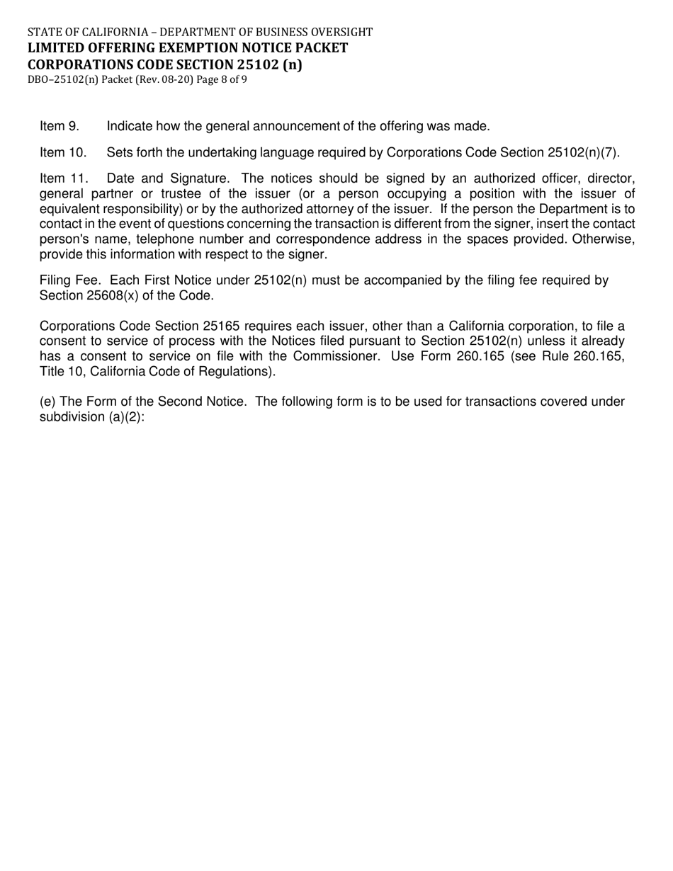 Instructions for Form DBO-25102(N) Limited Offering Exemption Notice Packet Corporations Code Section 25102(N) - California, Page 8