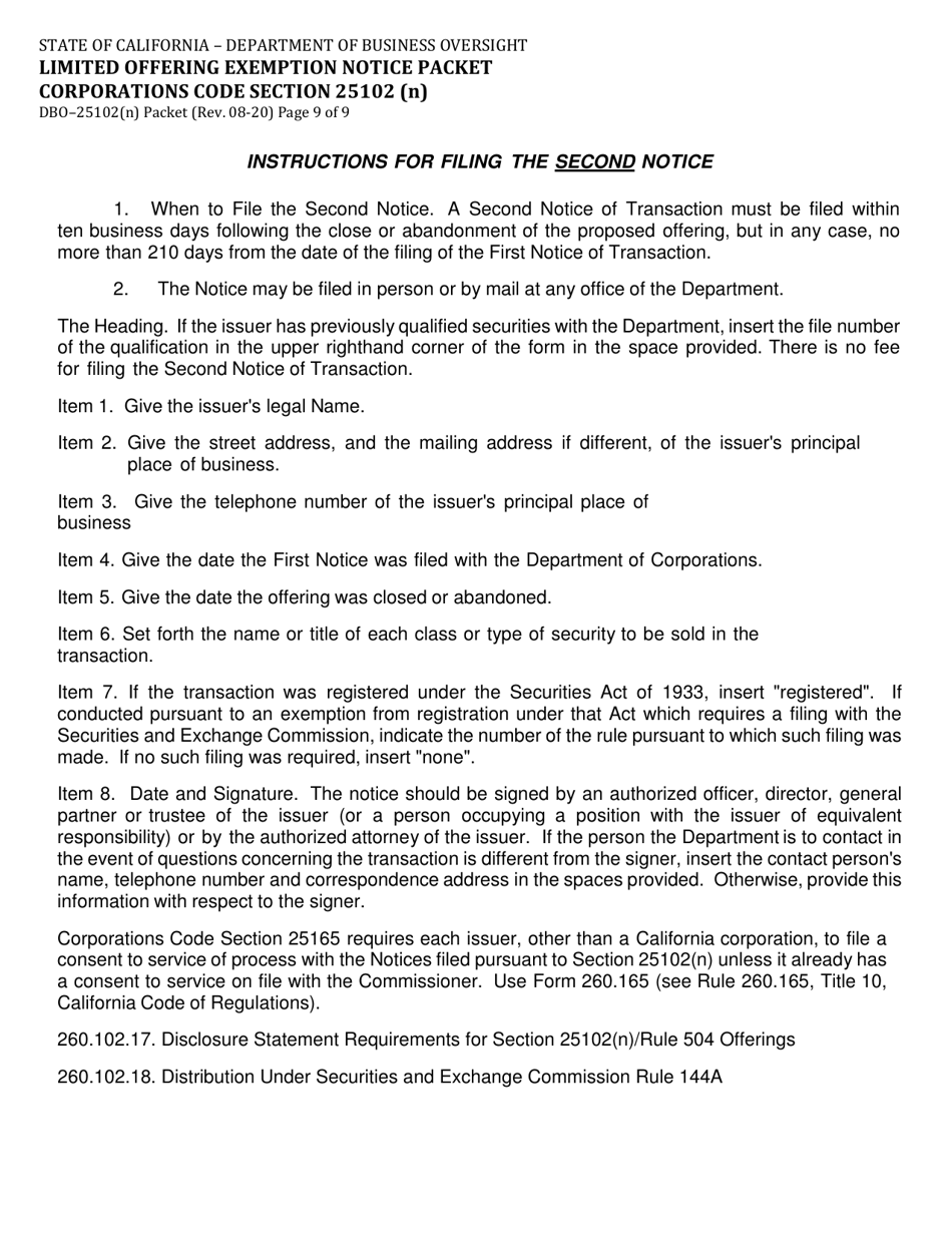 Instructions for Form DBO-25102(N) Limited Offering Exemption Notice Packet Corporations Code Section 25102(N) - California, Page 9
