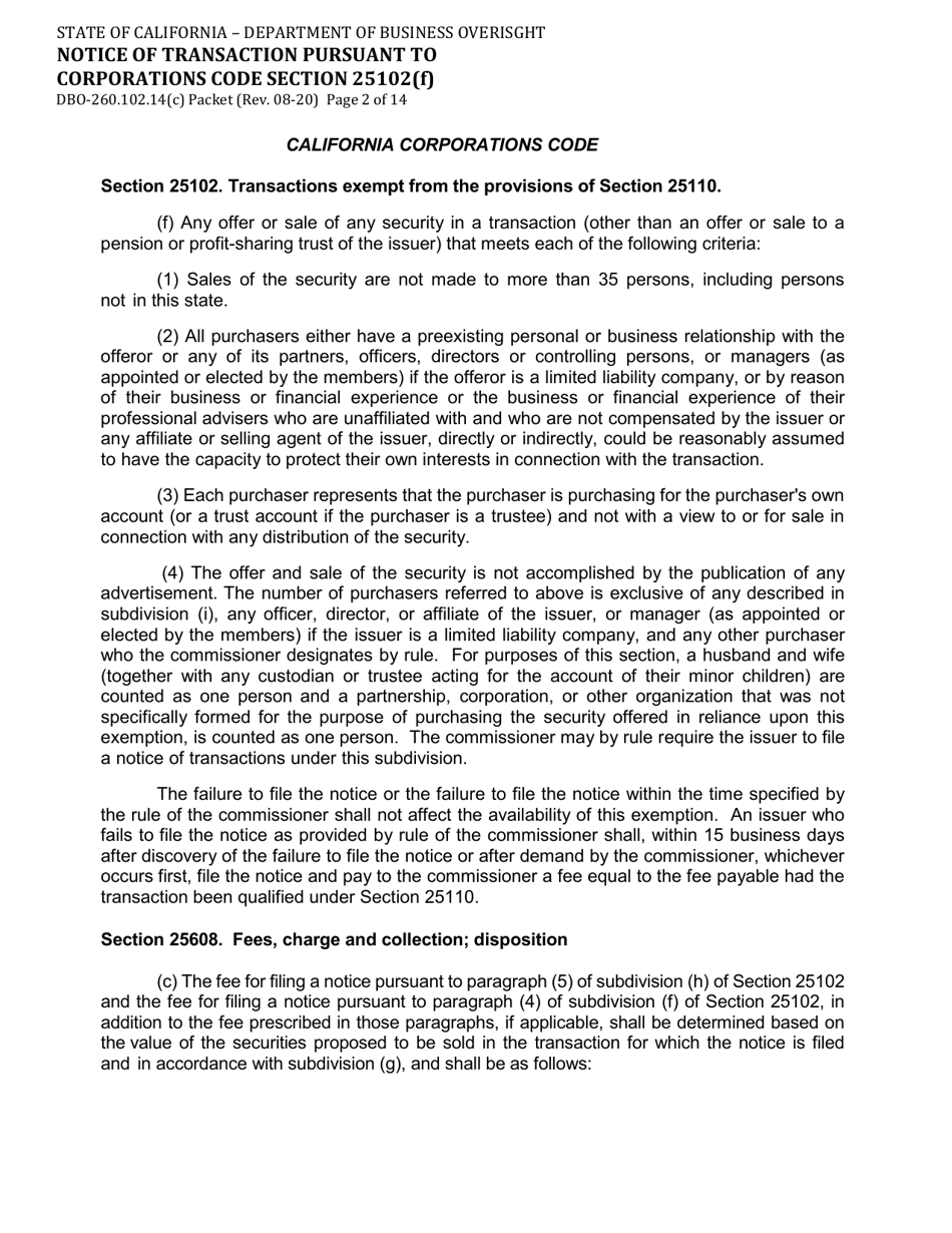 Form DBO-260.102.14(C) Notice of Transaction Pursuant to Corporations Code Section 25102(F) - California, Page 2