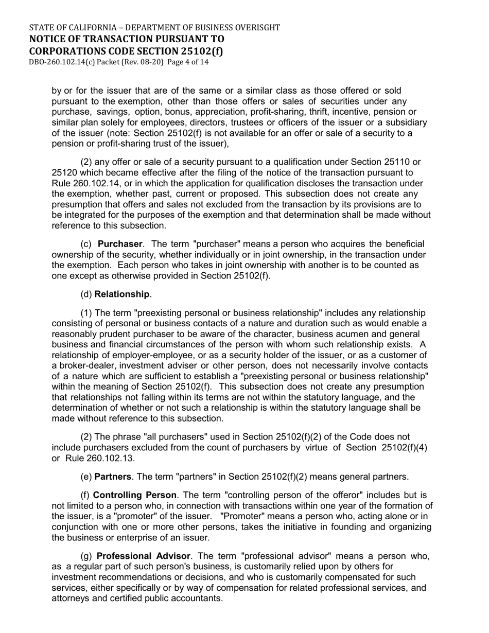 Form DBO-260.102.14(C) Notice of Transaction Pursuant to Corporations Code Section 25102(F) - California, Page 4