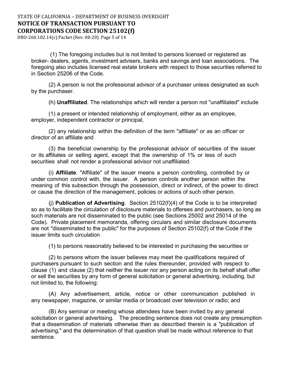Form DBO-260.102.14(C) Notice of Transaction Pursuant to Corporations Code Section 25102(F) - California, Page 5