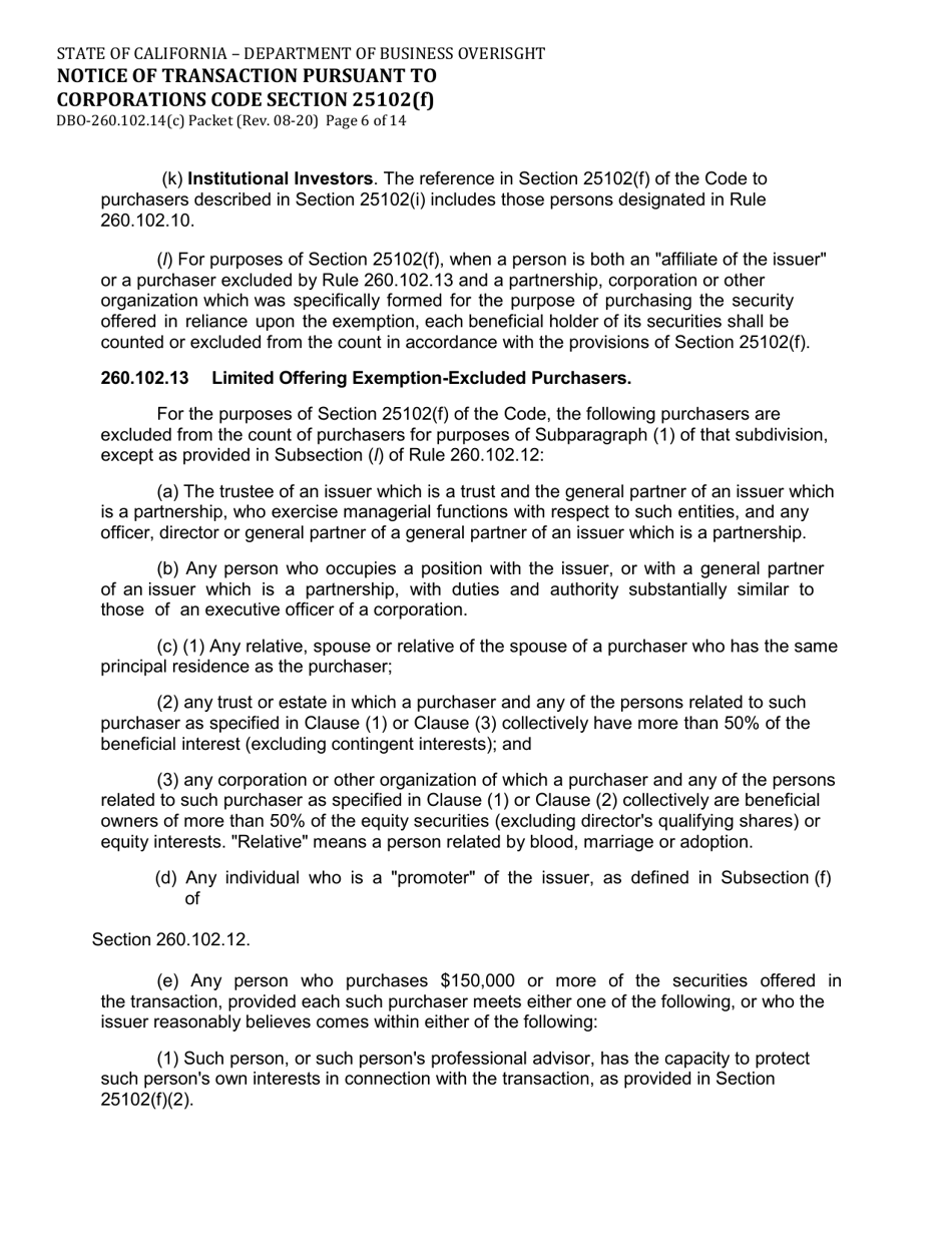 Form DBO-260.102.14(C) Notice of Transaction Pursuant to Corporations Code Section 25102(F) - California, Page 6