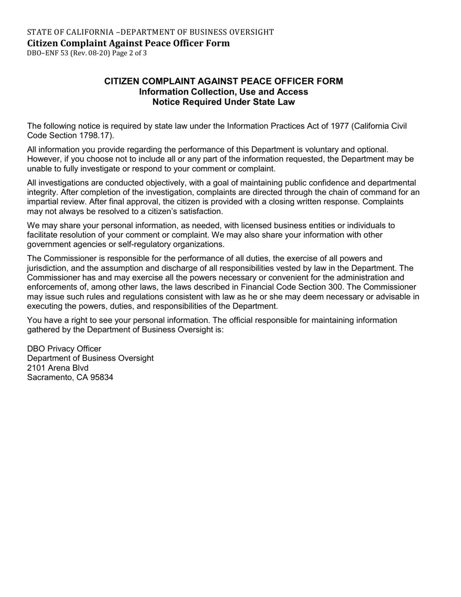 Form DBO-ENF53 Citizen Complaint Against Peace Officer Form - California, Page 2