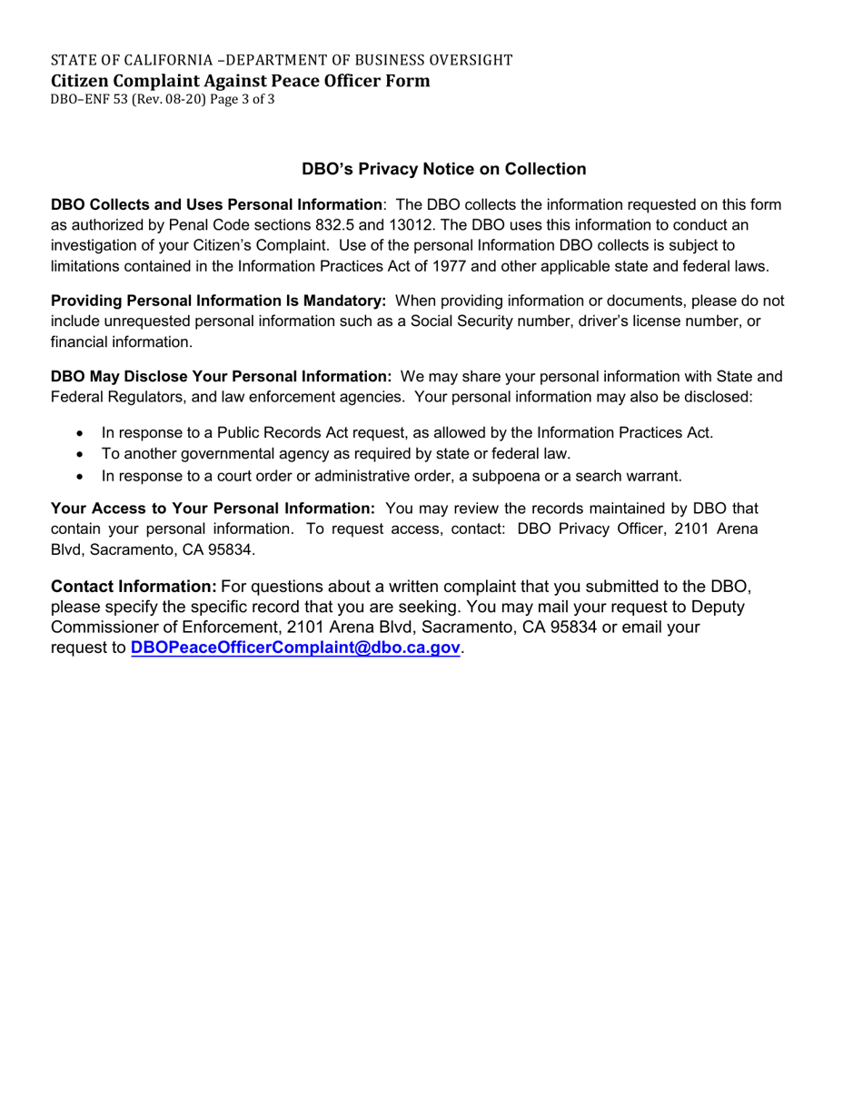 Form DBO-ENF53 Citizen Complaint Against Peace Officer Form - California, Page 3