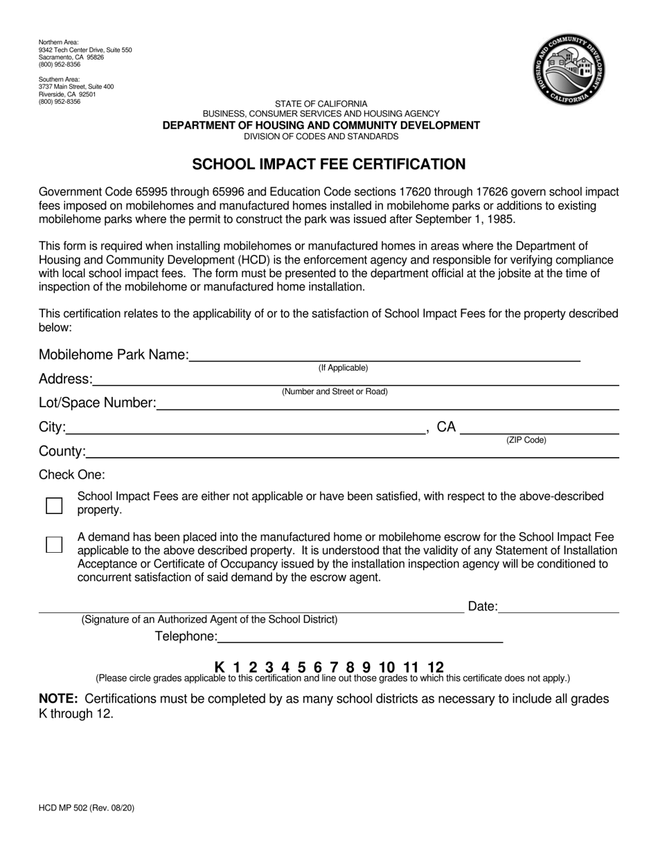 Form HCD MP502 School Impact Fee Certification - California, Page 1