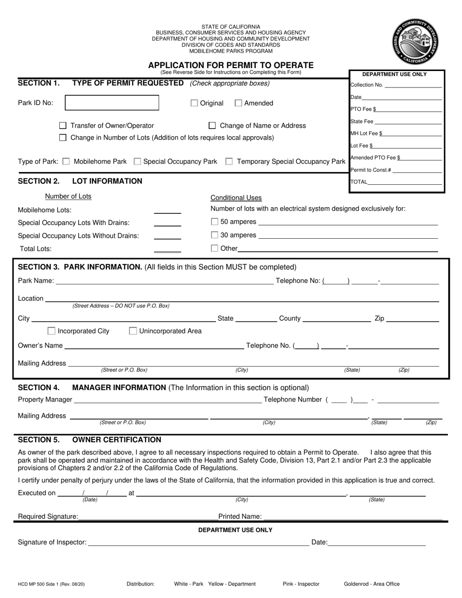 Form HCD MP500 Application for Permit to Operate - California, Page 1