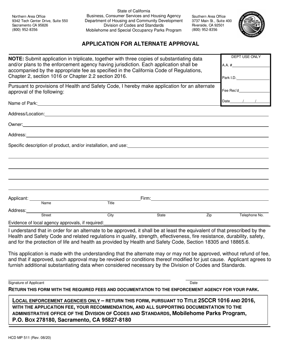 Form HCD MP511 Application for Alternate Approval - California, Page 1