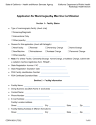 Document preview: Form CDPH8624 Application for Mammography Machine Certification - California