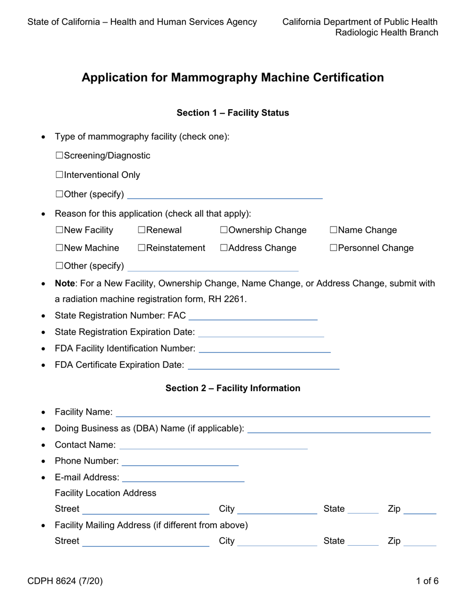 Form CDPH8624 Application for Mammography Machine Certification - California, Page 1