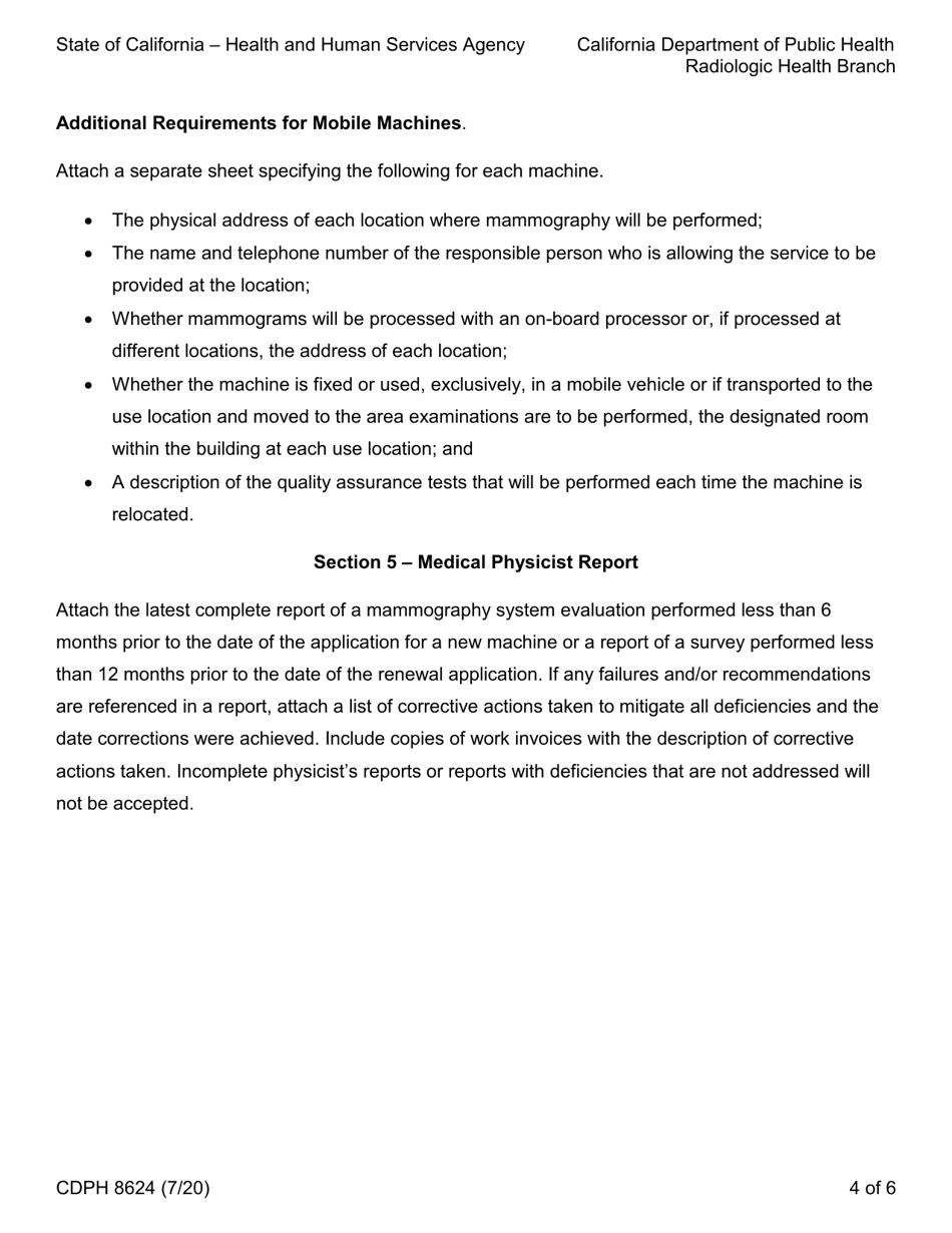 Form CDPH8624 Application for Mammography Machine Certification - California, Page 4
