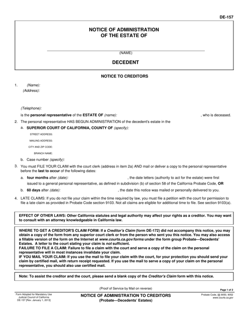 Form DE-157 Notice of Administration to Creditors - California