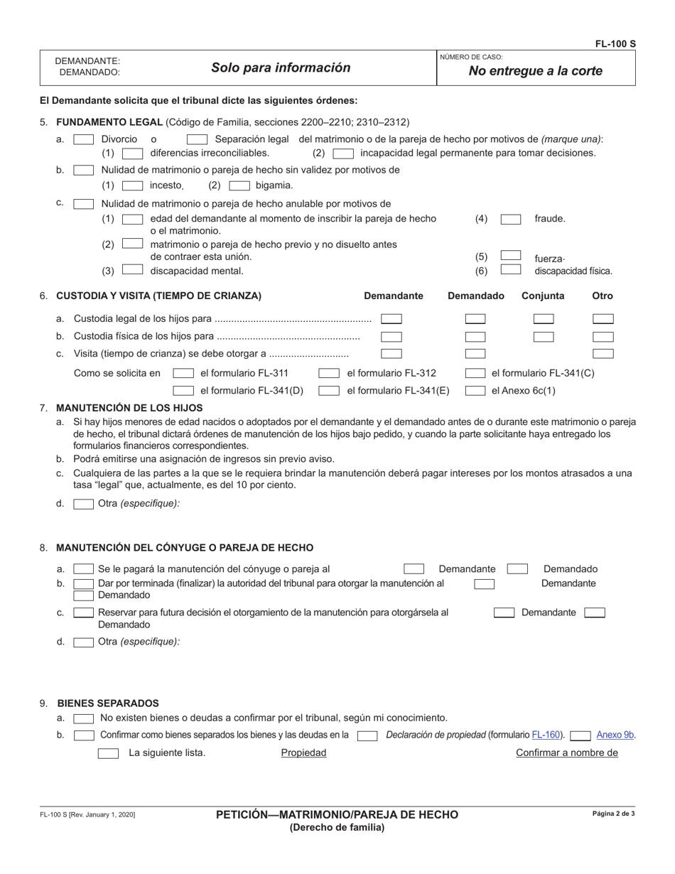 Formulario FL-100 Peticion - Matrimonio / Pareja De Hecho (Derecho De Familia) - California (Spanish), Page 2