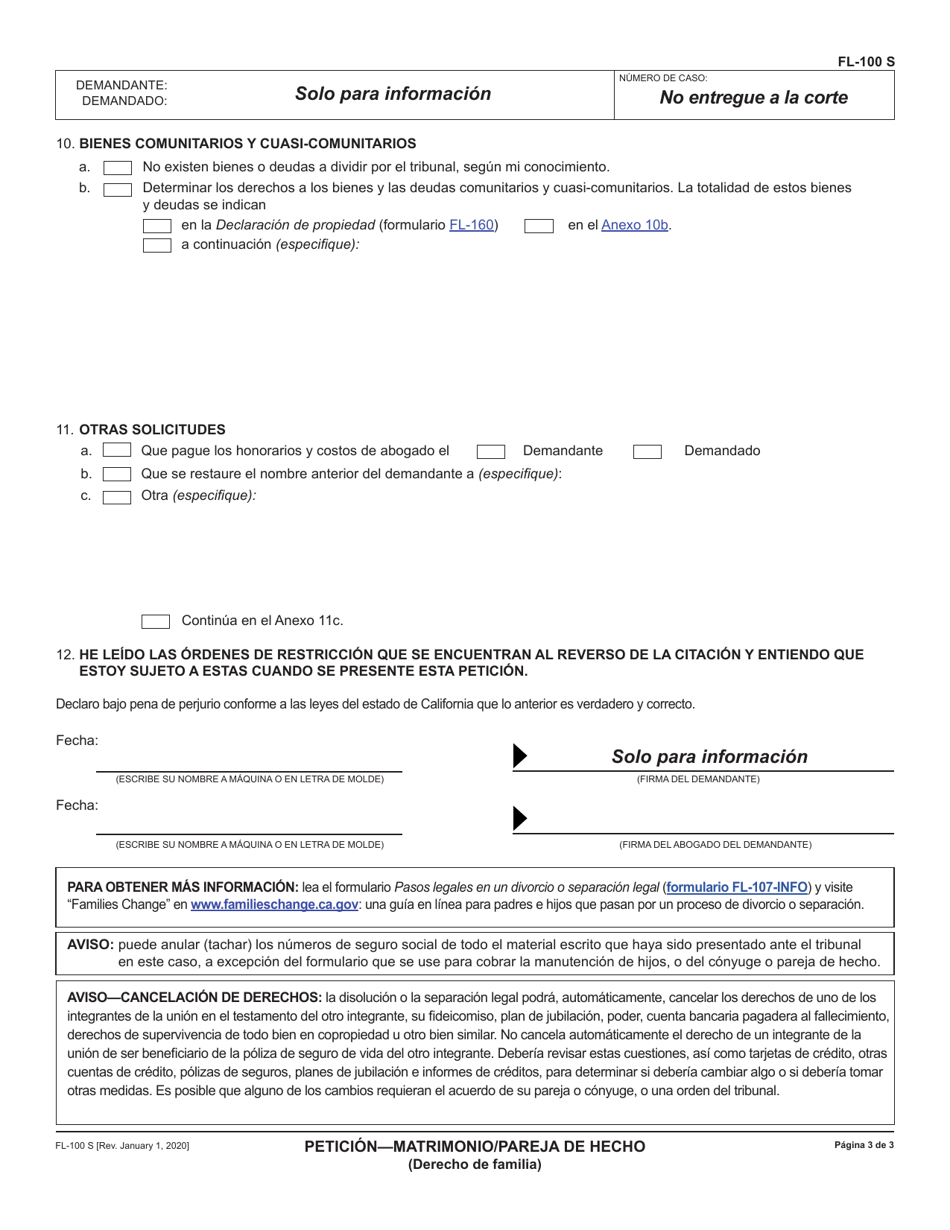 Formulario FL-100 Peticion - Matrimonio / Pareja De Hecho (Derecho De Familia) - California (Spanish), Page 3
