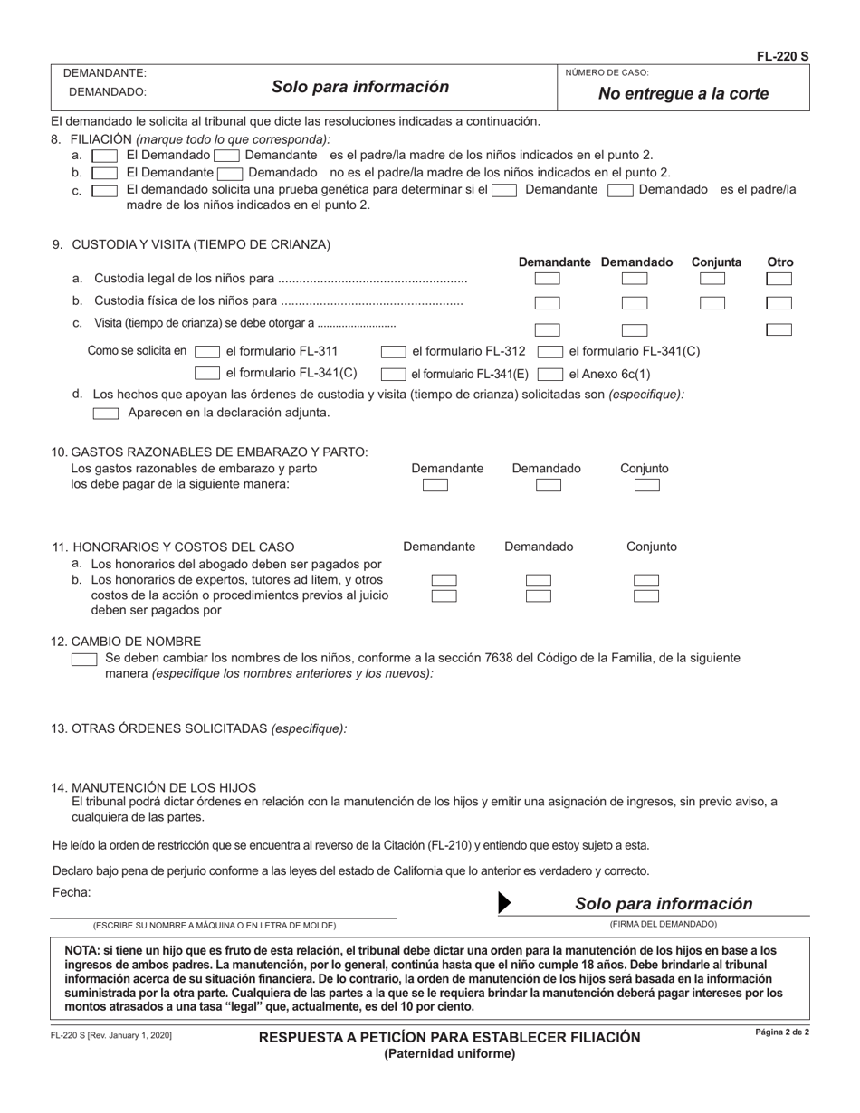 Formulario FL-220 Respuesta a Peticion De Establecer Filiacion - California (Spanish), Page 2