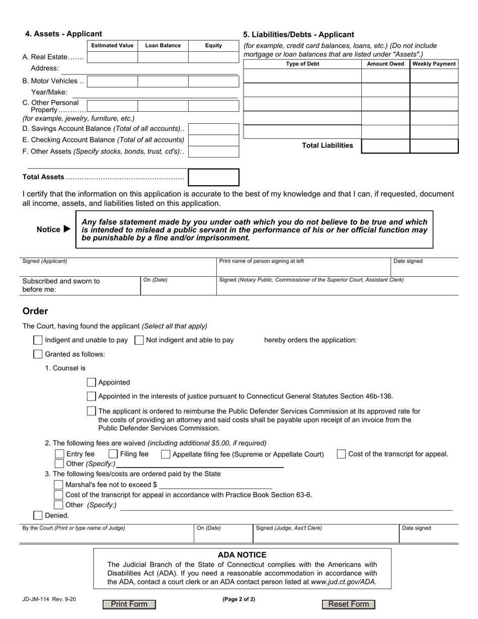 Form JD-JM-114 Application for Appointment of Counsel / Waiver of Fees / Payment of Costs - Juvenile - Connecticut, Page 2