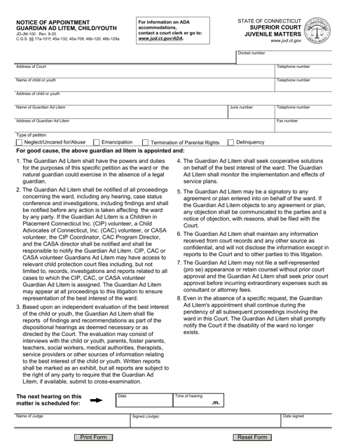 Form JD-JM-100 Notice of Appointment Guardian Ad Litem, Child/Youth - Connecticut