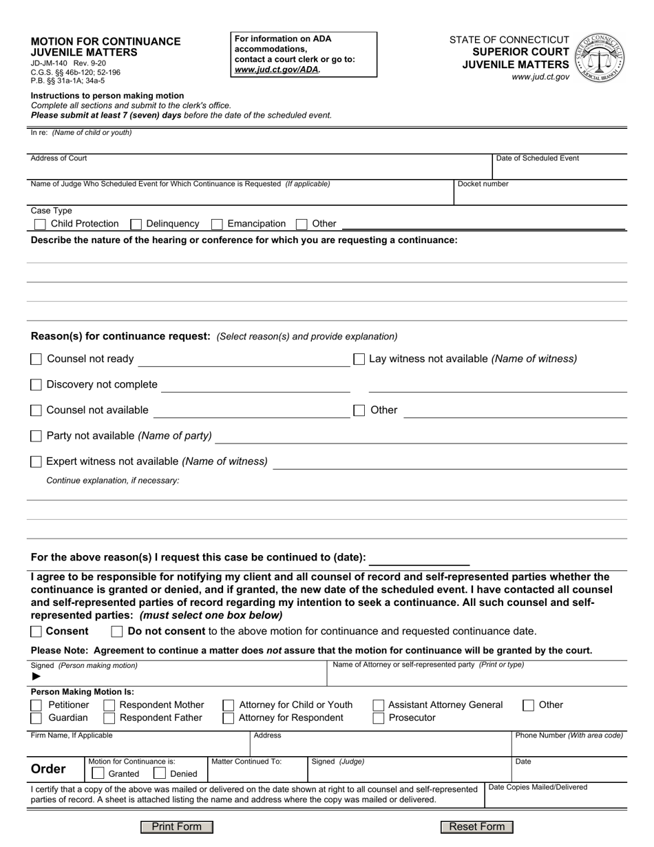 Form JD-JM-140 Motion for Continuance, Juvenile Matters - Connecticut, Page 1