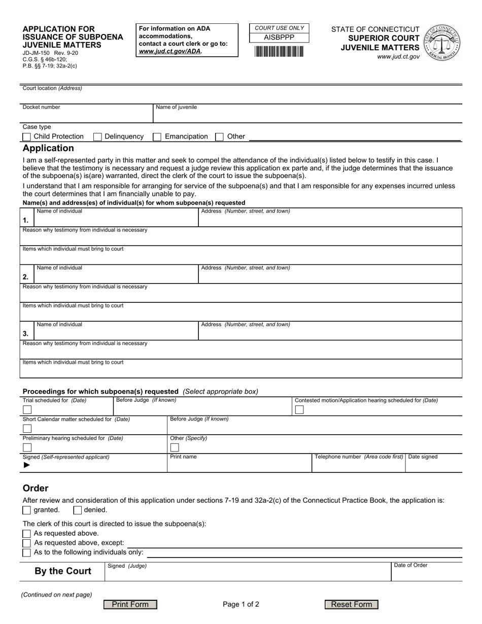 Form JD-JM-150 Application for Issuance of Subpoena, Juvenile Matters - Connecticut, Page 1