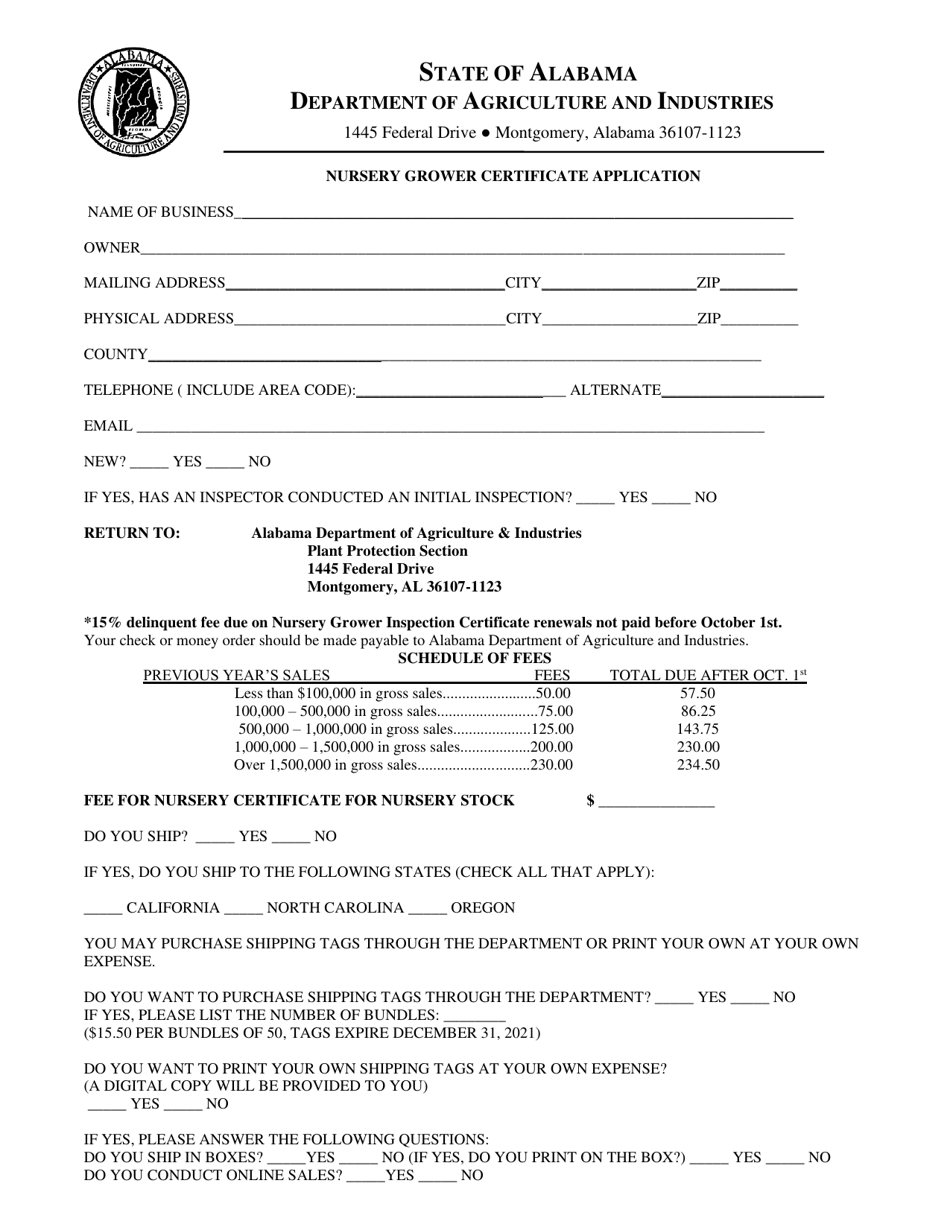 Nursery Grower Certificate Application - Alabama, Page 1