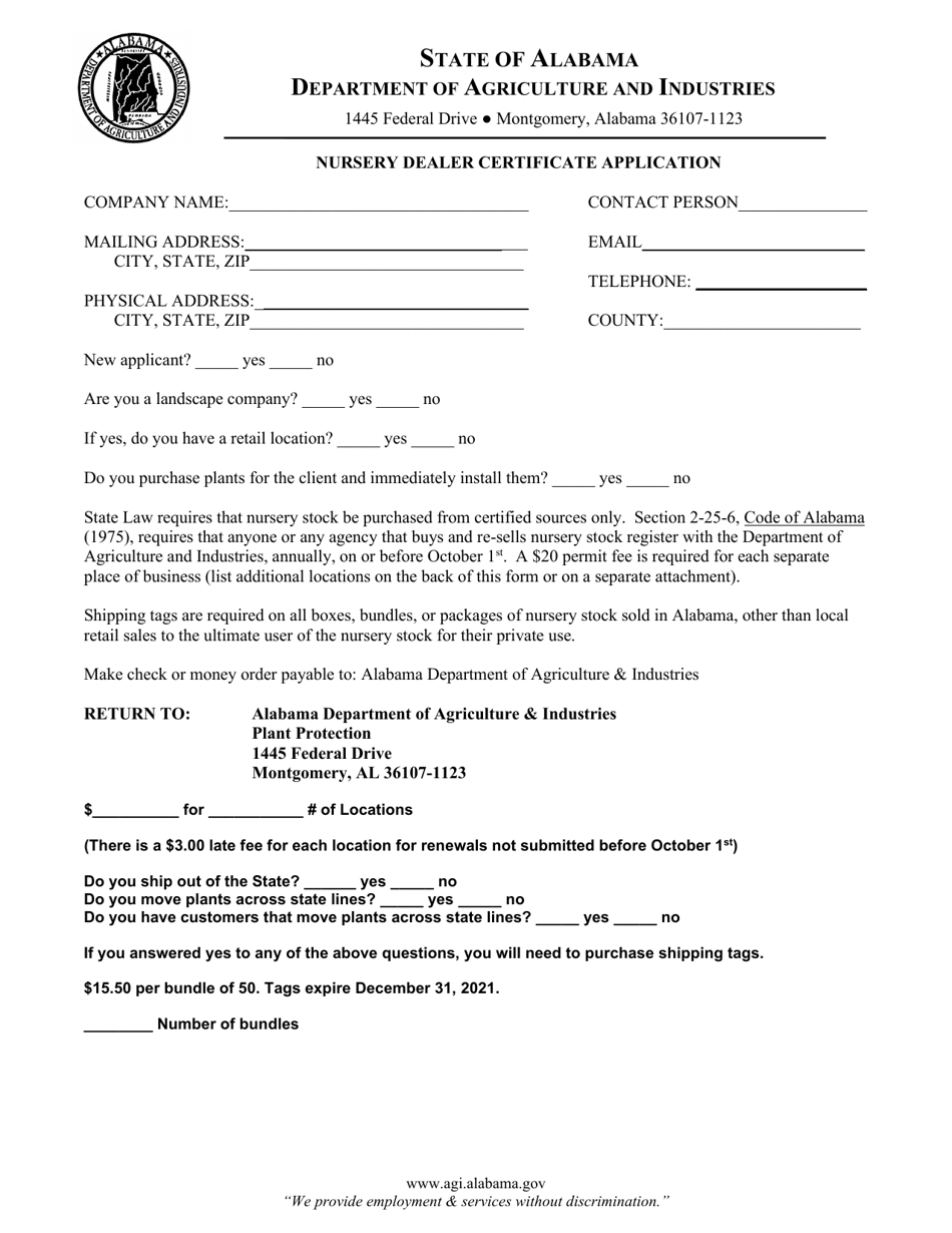 Nursery Dealer Certificate Application - Alabama, Page 1