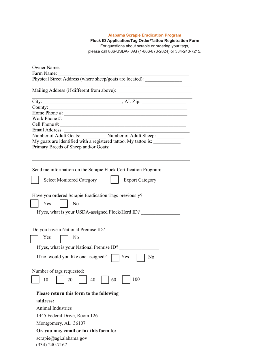 Flock Id Application / Tag Order / Tattoo Registration Form - Alabama, Page 1