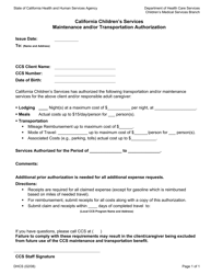 Document preview: Form DHCS9086 California Children's Services Maintenance and/or Transportation Authorization - California
