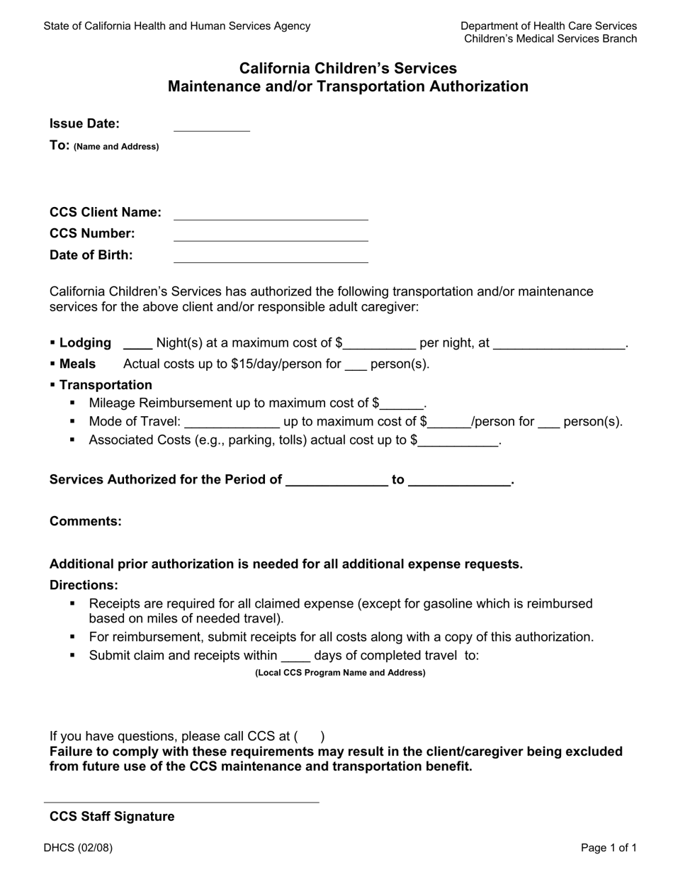 Form DHCS9086 California Childrens Services Maintenance and / or Transportation Authorization - California, Page 1