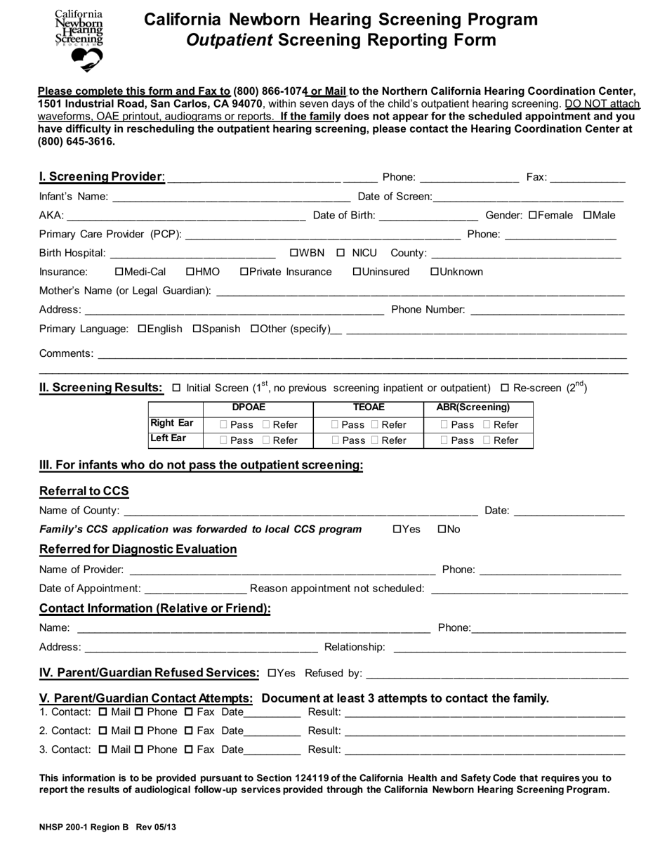 Form NHSP200-1 Region B Outpatient Screening Reporting Form - California, Page 1