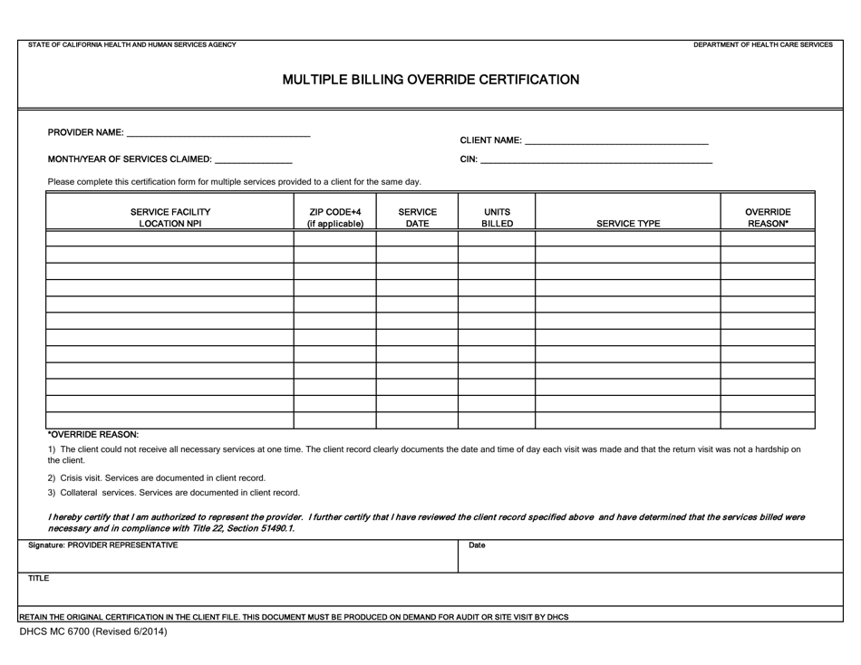 Form DHCS MC6700 Multiple Billing Override Certification - California, Page 1